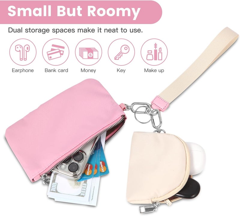 EKOLE Store Mini Zip Around Wristlet Keychain Wallet for Women Detachable Dual Pouch Wristlet Portable Phone Coin Purse Coin Pocket (Pink+White) - Image 2